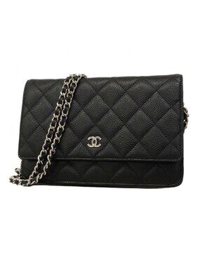 Chanel Shoulder Wallet Quilted Caviar Leather Black Silver